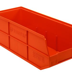 The Quantum Stackable Shelf Bin, measuring 20-1/2W x 8-1/4D x 7H, is made of orange polypropylene and is autoclavable up to 250°F. Made in the USA, it features an open front and reinforced sides for organizing small items.