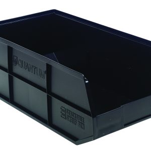 A black Quantum stackable shelf bin, measuring 20.5W x 11D x 7H, features a wide open front.
