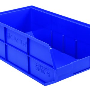 A blue Quantum Stackable Shelf Bin, made of polypropylene and measuring 20-1/2W x 11D x 7H, features reinforced sides, an open front, and a stackable design. The bin is shown on a pristine white background.