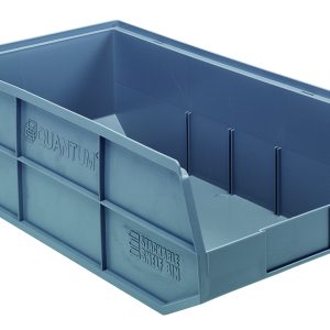 The gray Quantum Stackable Shelf Bin measures 20-1/2W x 11D x 7H, is made from polypropylene with reinforced sides, features a partially open front for easy access, and is autoclavable up to 250°F.