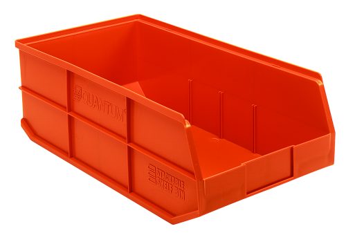 The Quantum Stackable Shelf Bin is an orange polypropylene bin, 20-1/2W x 11D x 7H, with a slanted open front for easy access. It features reinforced sides, ribbed detailing for organizing small items, and is stackable and autoclavable up to 250°F. Made in the USA.