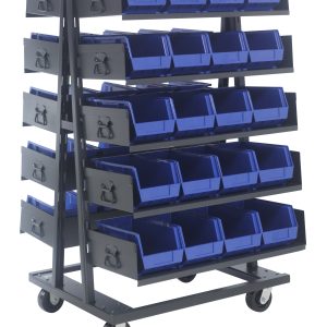 The Quantum Removable Tray Truck System is a double-sided, mobile storage rack with a sturdy blue steel frame, featuring (10) 36W x 15D open trays and (40) Qus240 black bins. Dimensions are 38W x 40D x 69H and it ships knocked down for easy assembly.
