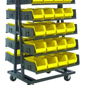 The Quantum Removable Tray Truck System is a double-sided, 38W x 40D x 69H cart with four casters for easy movement. It includes ten 36W x 15D open trays and forty QUS240 black bins with handles for organization. The yellow steel cart ships KD.