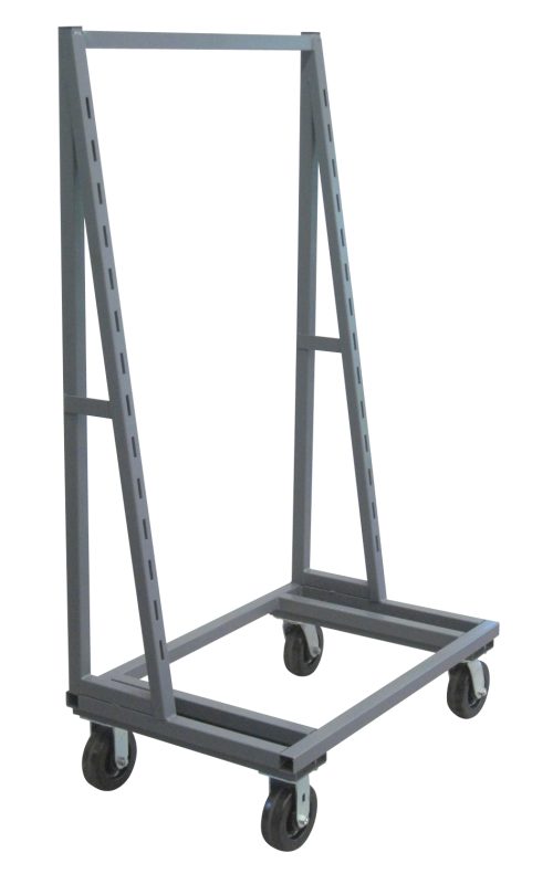 The Quantum Removable Tray Truck is a single-sided, black steel cart with an all-welded construction, measuring 38W x 18D x 67H. It features slotted uprights every 3-1/2 and a load capacity of 2000 lbs., supported by bolt-on casters (2 swivel, 2 rigid).