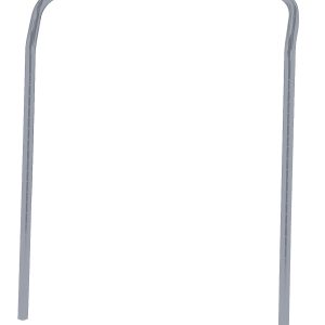 The Quantum U-Handle bike rack, with a 24W x 32H frame and gray epoxy antimicrobial finish, features dual vertical bars and a curved top, perfect for outdoor installation. The free-standing metal design securely holds bicycles on a white backdrop.