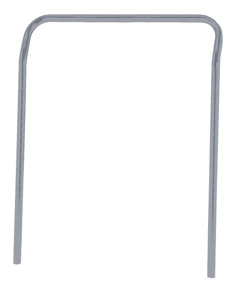 The Quantum U-Handle bike rack, with a 24W x 32H frame and gray epoxy antimicrobial finish, features dual vertical bars and a curved top, perfect for outdoor installation. The free-standing metal design securely holds bicycles on a white backdrop.