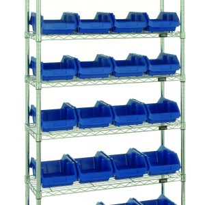 The Quantum Bin System Unit is a stationary chrome-plated metal shelving unit with four posts, seven wire shelves, and includes 24 blue bins (12-1/2L x 8-3/8W x 5H) suitable for dry storage applications.