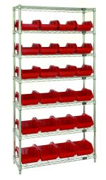 The Quantum Bin System Unit is a stationary shelving solution with (7) wire shelves, (4) posts, and (24) 12-1/2L x 8-3/8W x 5H red bins (QP1285). It boasts a chrome-plated finish ideal for dry storage, optimizing organization stylishly and efficiently.