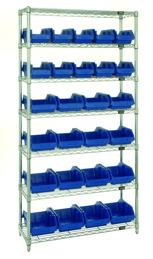 The Quantum Bin System Unit features a stationary setup with chrome finish, including 4 posts and 7 wire shelves. It holds 10 bins (12-1/2L x 6-5/8W x 5H) and 16 blue bins (12-1/2L x 8-3/8W x 5H), ideal for dry storage. The unit is shipped knocked down for easy assembly.