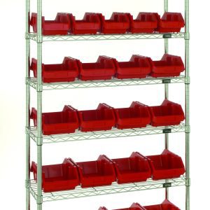 The Quantum Bin System Unit is stationary and includes 4 posts, 7 wire shelves, and a total of 16 red bins (QP1285), each measuring 12-1/2L x 8-3/8W x 5H. This setup features chrome-plated shelving suitable for dry storage applications, shipped knocked down.