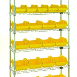 The Quantum Bin System Unit features 7 wire shelves and 16 spacious yellow bins (QP1285), each measuring 12-1/2L x 8-3/8W x 5H, ideal for organizing. The chrome-plated unit includes posts and is shipped KD, suitable for dry storage applications.