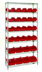 The Quantum Bin System Unit features a chrome-plated finish, 7 wire shelves, and includes 20 red bins (QP1265) measuring 12-1/2L x 6-5/8W x 5H and 8 larger red bins (QP1285). It is stationary and suitable for dry storage applications.