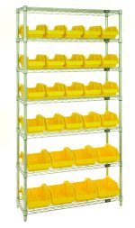 The Quantum Bin System Unit, a stationary metal shelving unit with seven wire shelves, features twenty QP1265 bins and eight bright yellow QP1285 bins. Chrome plated for dry storage, it comes with four posts and is displayed against a plain white background for optimal organization.