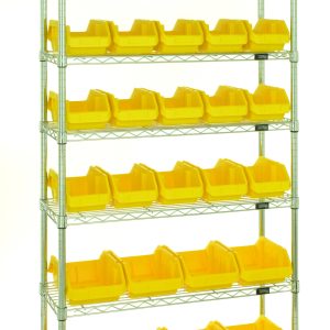 The Quantum Bin System Unit, a stationary metal shelving unit with seven wire shelves, features twenty QP1265 bins and eight bright yellow QP1285 bins. Chrome plated for dry storage, it comes with four posts and is displayed against a plain white background for optimal organization.