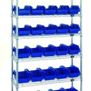 The Quantum Bin System Unit, stationary with chrome-plated finish, includes 4 posts, 7 wire shelves, and 30 blue bins (12-1/2L x 6-5/8W x 5H), ideal for efficient dry storage organization.