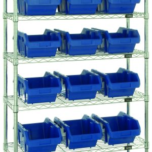 The Quantum Bin System Unit is a chrome-plated stationary shelving unit with 7 wire shelves, featuring 18 blue bins (14L x 8-1/4W x 6-1/2H), ideal for dry storage applications. It includes four posts and is shipped KD.
