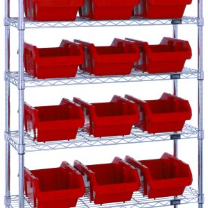 The Quantum Bin System Unit is a stationary rack featuring a chrome-plated finish, including four posts and seven wire shelves. It holds 18 red bins (14L x 8-1/4W x 6-1/2H), ideal for dry storage applications. Shipped KD, its grid design ensures stability and organization.