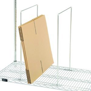 The Quantum Wire Carton Divider, measuring 18W x 14H with a chrome-plated finish, is designed for use with 18D wire shelves. It efficiently holds flat, folded cardboard boxes upright against its grid backdrop, and the minimalist style is enhanced by a plain white background.