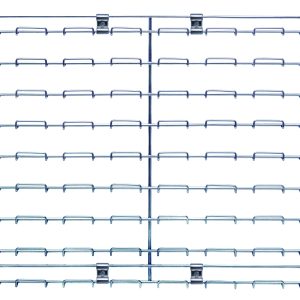 The Quantum Wire Louvered Panel features a 36L x 18H chrome-plated finish with a wireframe design and comes with direct mounting clips, highlighting its structure against a white backdrop.