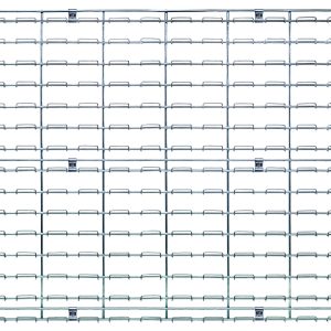 The Quantum Wire Louvered Panel features a chrome-plated metal grid with horizontal and vertical bars forming rectangles, measuring 48L x 30H. It includes direct mounting clips (hardware not included), set against a plain white background.