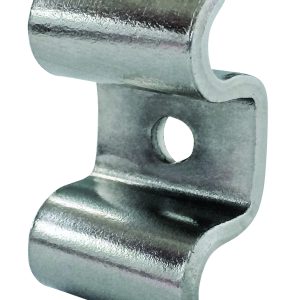The Quantum Wire Louvered Panel Mounting Clip is a silver metal clamp with a curved design and central hole, perfect for direct wall mounting. Its shiny surface enhances the smooth, industrial look. Sold in packs of 4, hardware not included.