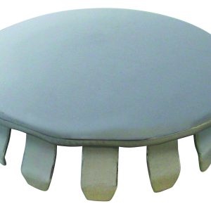 The Quantum Shelf Collar Plug, available in a 4-pack, is a round, metallic drainage cover featuring a smooth surface and six protruding clips underneath, designed to fit into a drainage opening and also serves as a versatile shelf collar plug.