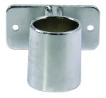 The Quantum Post Wall Mount Bracket is a chrome-plated metal tube holder for one post, featuring a circular opening and rectangular mounting plate with screw holes. It includes engraved text and a certification mark, making it an ideal choice.