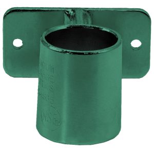 The Quantum Post Wall Mount Bracket features a green metal wall flange with a cylindrical socket for securing pipes, boasts a green epoxy antimicrobial finish, has a rectangular base with two mounting holes, and is adorned with engraved text and logos for practicality and style.