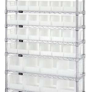 The Quantum Bin System Unit is a stationary, chrome-plated metal unit with four 74H posts and ten 36W x 14D wire shelves. It includes 36 QUS230 and 12 QUS240 clear bins, perfect for efficient organization and storage.