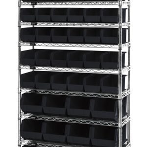 The Quantum Bin System, a stationary unit with four 74H posts and ten 36W x 14D wire shelves in a chrome-plated finish, includes thirty-six QUS230 and twelve QUS240 black bins for neatly organized storage across seven tiers.