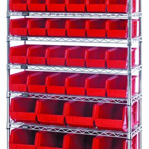 The Quantum Bin System Unit is a stationary setup with ten 36W x 14D wire shelves, featuring (36) QUS230 and (12) QUS240 red bins. It includes four 74H posts, a chrome-plated finish, and ships knocked down for easy organization in an open-front design.