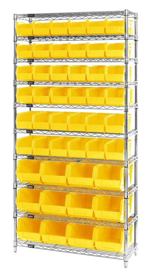 The Quantum Bin System Unit is a stationary, chrome-plated, tall wire shelving unit with 10 shelves and 4 sturdy 74 H posts, featuring (36) QUS230 and (12) QUS240 yellow bins.