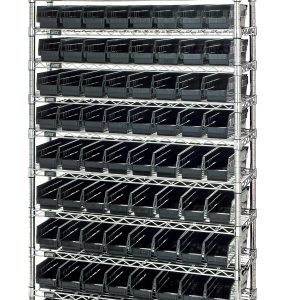 The Quantum Bin Wire Shelving System, measuring 36W x 12D x 74H with chrome-plated finish, supports 800 lbs per shelf. It includes (12) wire shelves and (88) black Qsb101 bins for a tidy, conductive setup.