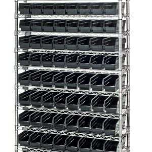 The Quantum Bin Wire Shelving System measures 36W x 12D x 74H and features (12) wire shelves, (4) posts, and (88) QSB101 black bins. It boasts an 800 lb. capacity per shelf in a chrome-plated finish.