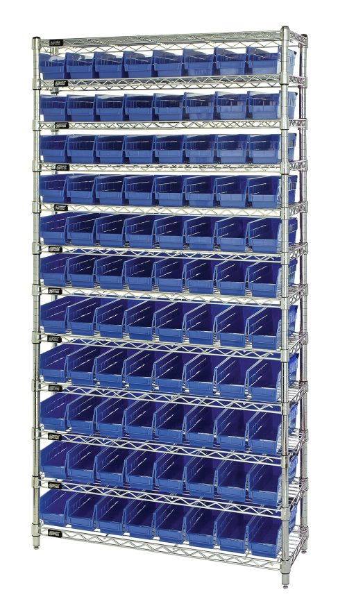 The Quantum Bin Wire Shelving System, with dimensions of 36W x 12D x 74H, includes 12 wire shelves and features an arrangement of QSB101 blue bins. With a chrome-plated finish and a capacity of 800 lbs per shelf, ample storage is provided across its nine tiers.