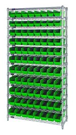 The Quantum Bin Wire Shelving System, with a 36W x 12D x 74H size and chrome finish, has an industrial design with 12 wire shelves and sturdy posts. It holds up to 800 lbs per shelf and includes (88) neatly arranged QSB101 green bins for optimal organization.