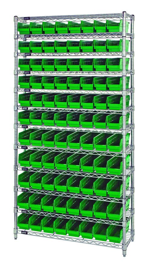 WR12-101_GN.jpg The Quantum Bin Wire Shelving System, with a 36W x 12D x 74H size and chrome finish, has an industrial design with 12 wire shelves and sturdy posts. It holds up to 800 lbs per shelf and includes (88) neatly arranged QSB101 green bins for optimal organization.