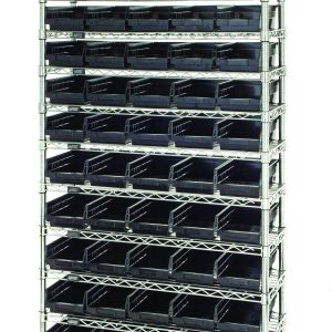 A tall chrome-plated Quantum Bin Wire Shelving System, 36W x 12D x 74H, features (4) posts, (12) shelves, and holds (55) QSB102 black bins. Its sturdy with an 800 lb. capacity per shelf, designed for organized storage with open bins for easy access across 10 tiers.