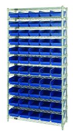A Quantum Bin Wire Shelving System, measuring 36W x 12D x 74H, features 12 wire shelves and four posts. It includes 55 QSB102 blue bins, supports up to 800 lbs per shelf, and has a chrome-plated finish for a well-structured storage solution.