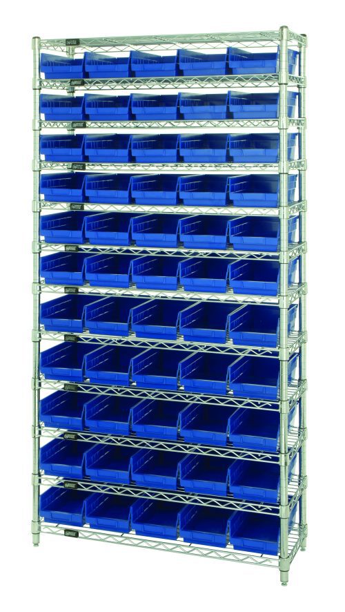 A Quantum Bin Wire Shelving System, measuring 36W x 12D x 74H, features 12 wire shelves and four posts. It includes 55 QSB102 blue bins, supports up to 800 lbs per shelf, and has a chrome-plated finish for a well-structured storage solution.