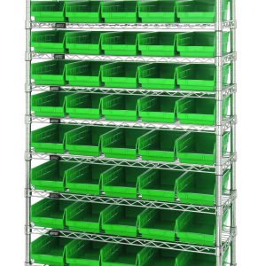 The Quantum Bin Wire Shelving System is 36W x 12D x 74H, includes 12 wire shelves and supports five QSB102 green bins per shelf. It features a chrome-plated finish, four sturdy posts, and can hold up to 800 lbs per shelf for optimal storage and organization.