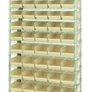 The Quantum Bin Wire Shelving System, measuring 36W x 12D x 74H, features an 800 lb. capacity per shelf with (12) wire shelves and comes with (55) QSB102 ivory bins, making it a durable and versatile storage solution.