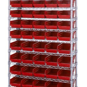 The Quantum Bin Wire Shelving System features a chrome-plated finish and measures 36W x 12D x 74H. It includes 12 wire shelves and holds up to 55 QSB102 red bins, with an impressive capacity of 800 lbs per shelf.