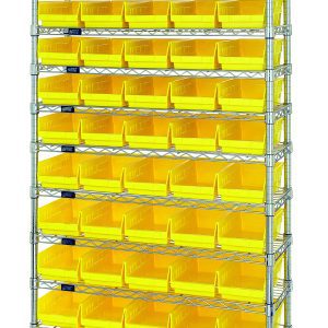 The Quantum Bin Wire Shelving System, 36W x 12D x 74H, features a sturdy chrome-plated metal frame with four posts and includes 12 wire shelves. It supports an efficient layout with rows of organized QSB102 yellow bins, accommodating up to 800 lb per shelf.