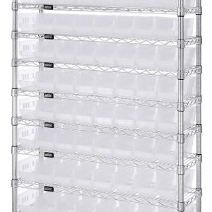The Quantum Bin Wire Shelving System, measuring 36W x 18D x 74H, is a chrome-plated unit with a sturdy design and four posts. It includes 12 wire shelves, each capable of holding 800 lbs., and comes with 88 QSB103 clear plastic bins for organized storage.