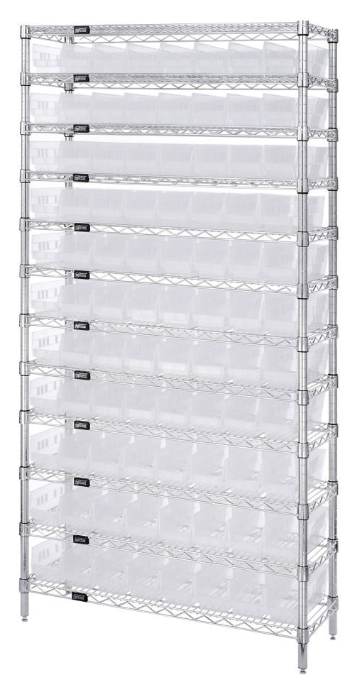 The Quantum Bin Wire Shelving System, measuring 36W x 18D x 74H, is a chrome-plated unit with a sturdy design and four posts. It includes 12 wire shelves, each capable of holding 800 lbs., and comes with 88 QSB103 clear plastic bins for organized storage.