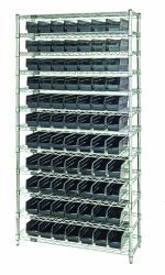 The Quantum Bin Wire Shelving System is a 36Wx18Dx74H conductive unit featuring 12 wire shelves, 4 posts, and 88 QSB103 bins. It has an 800 lb capacity per shelf and a chrome finish, ideal for organizing items efficiently in conductive environments.
