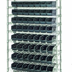 The Quantum Bin Wire Shelving System is a 36Wx18Dx74H conductive unit featuring 12 wire shelves, 4 posts, and 88 QSB103 bins. It has an 800 lb capacity per shelf and a chrome finish, ideal for organizing items efficiently in conductive environments.