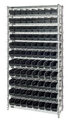 The Quantum Bin Wire Shelving System, measuring 36W x 18D x 74H, includes 12 wire shelves and holds up to 800 lb. per shelf. With a chrome finish and 88 QSB103 black bins arranged on multiple tiers, its ideal for organizing or storing various items efficiently.
