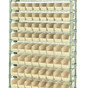The Quantum Bin Wire Shelving System is a tall metal unit with 12 shelves, each having an 800 lb. capacity and holding ivory bins. It includes four posts and 88 bins, measuring 36W x 18D x 74H with a chrome-plated finish, ideal for efficient item organization in its grid setup.